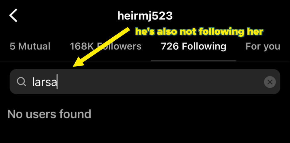 Social media screen with a user's profile showing followers and a search bar indicating "No users found" for the searched name