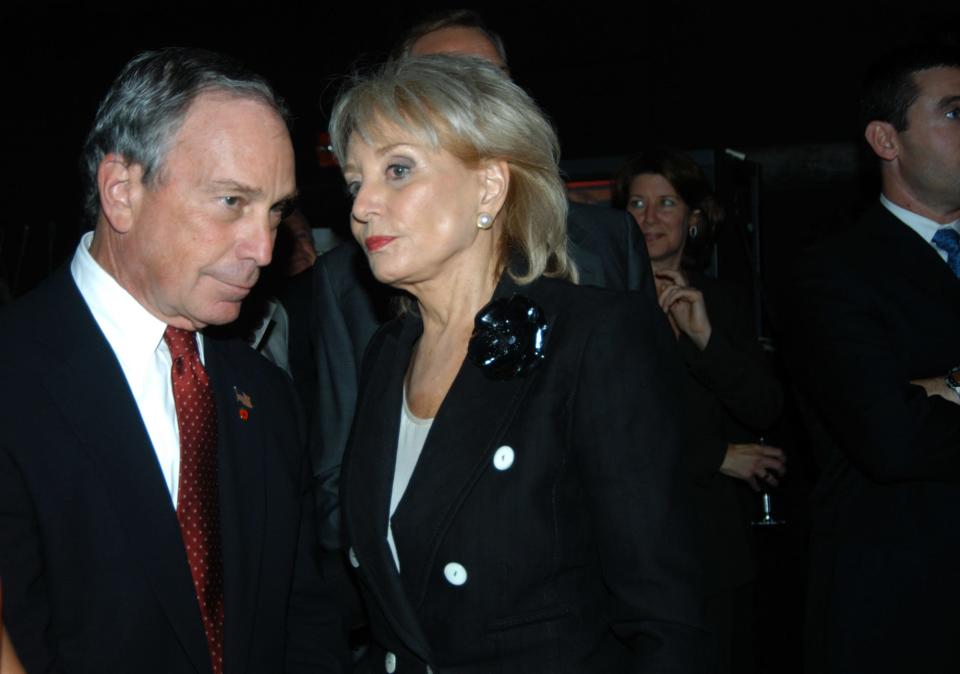 Michael Bloomberg and Barbara Walters attend a party honoring Walters for her 25 years as news anchor on 