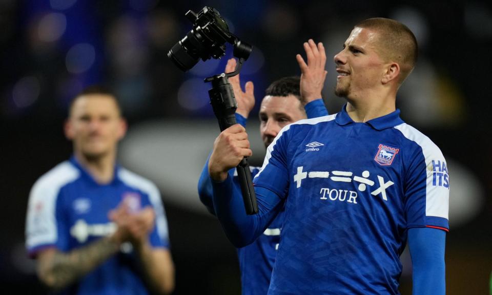 <span>Harry Clarke of Ipswich Town struggles to get his selfie on after the 3-2 win over Bristol City.</span><span>Photograph: Joe Toth/Rex/Shutterstock</span>