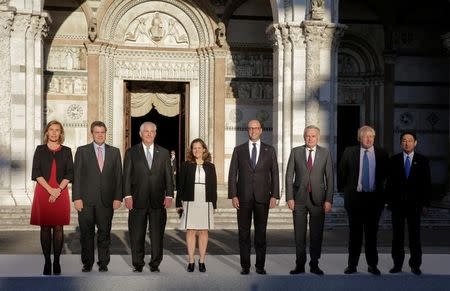 (L to R) E.U. High Representative for Foreign Affairs Federica Mogherini, German Foreign Minister Sigmar Gabriel, U.S. Secretary of State Rex Tillerson, Canada's Foreign Affairs Minister Chrystia Freeland, Italy's Foreign Minister Angelino Alfano, France's Foreign Minister Jean-Marc Ayrault, Britain's Foreign Secretary Boris Johnson and Japanese Minister of Foreign Affairs Fumio KishidaItaly pose for a family photo during a G7 for foreign ministers in Lucca, Italy April 10, 2017. REUTERS/Max Rossi