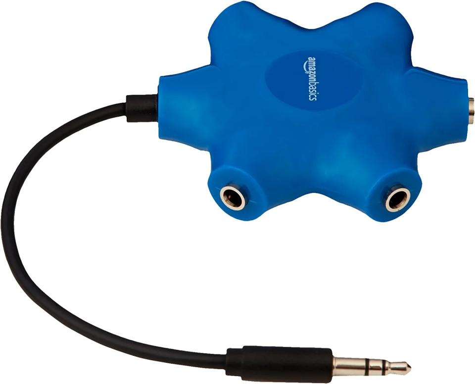 Amazon Basics 5-Way Multi Headphone Audio Splitter Connector against white background.