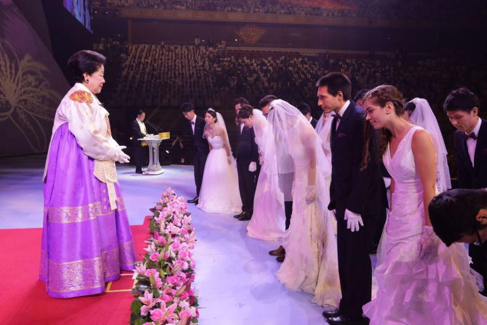 Han Hak-Ja, wife of the late Rev. Moon Sun-Myung, the controversial founder of the Unification Church, attends the mass wedding of the Family Federation for World Peace and Unification, commonly known as the Unification Church, at Cheongshim Peace World Center on September 7, 2017 in Gapyeong-gun, South Korea.