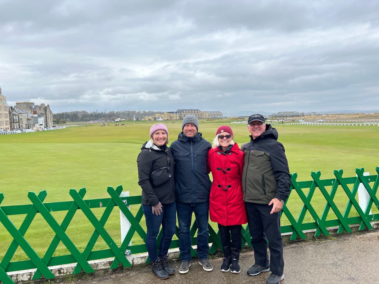 Kady, Cory, Candace, and Bruce McKibben on the Old Course at St. Andrews, Scotland, the birthplace of golf.