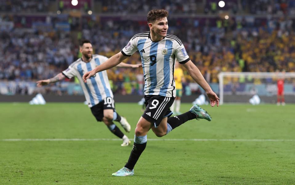  Alvarez of Argentina celebrates their second goal during the FIFA World Cup Qatar 2022 Round of 16 match between Argentina and Australia at Ahmad Bin Ali Stadium - Offside