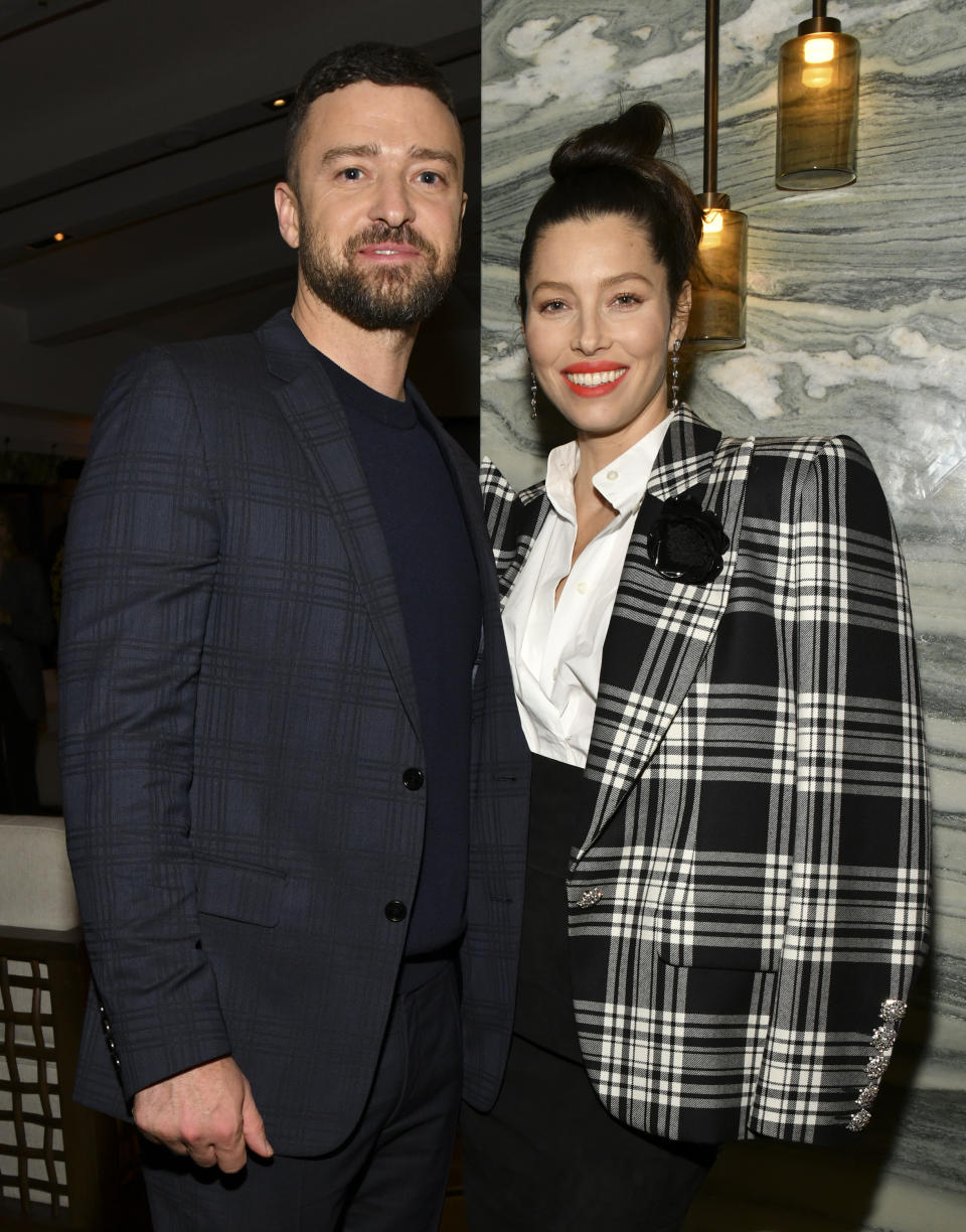 WEST HOLLYWOOD, CALIFORNIA - FEBRUARY 03: (L-R) Justin Timberlake and Jessica Biel pose for portrait at the Premiere of USA Network's 