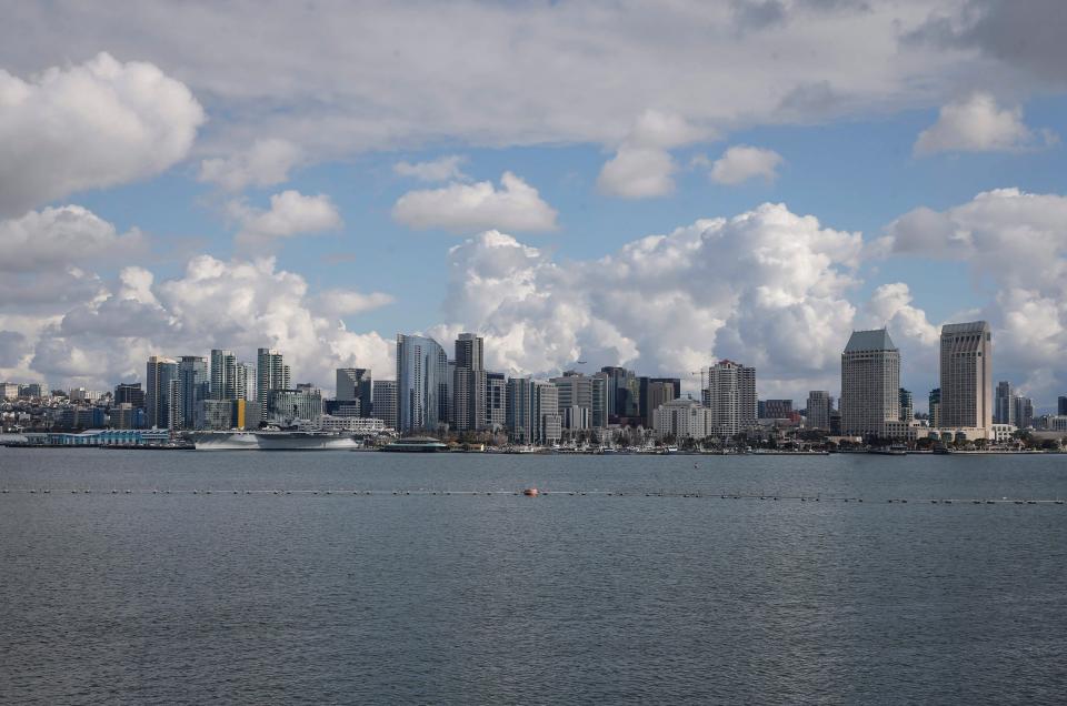 The view of the San Diego skyline from the deck of the USS Theodore Roosevelt aircraft carrier on Wednesday, Dec. 24, 2019, in Coronado, Calif.