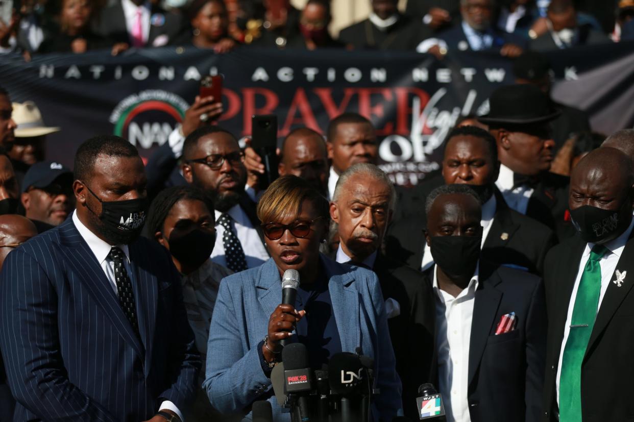 Wanda Cooper-Jones, mother of Ahmaud Arbery, speaks last week outside the Glynn County Courthouse, Brunswick, Georgia.