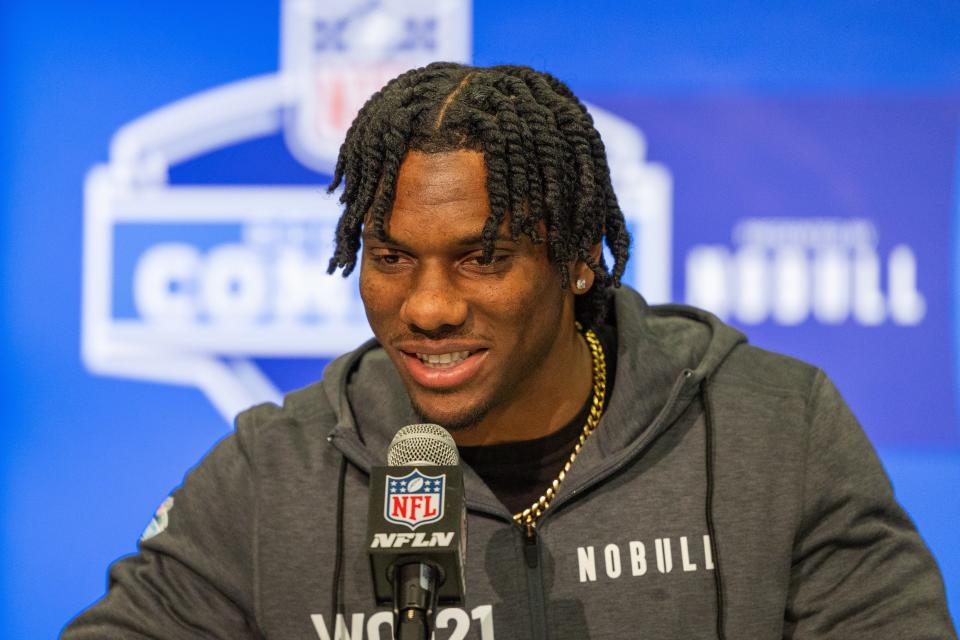 Mar 1, 2024; Indianapolis, IN, USA; Louisiana State wide receiver Malik Nabers (WO21) talks to the media during the 2024 NFL Combine at Lucas Oil Stadium. Mandatory Credit: Trevor Ruszkowski-USA TODAY Sports