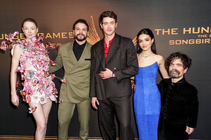 Hunter Schafer, Josh Andrés Rivera, Tom Blyth, Rachel Zegler and Peter Dinklage at "The Hunger Games: The Ballad Of Songbirds & Snakes" New York Screening at Metrograph on November 15, 2023 in New York City. (Photo by John Nacion/Variety via Getty Images)