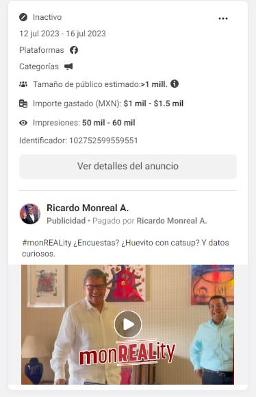  Es uno de los dos competidores que menos gastos publicitarios tiene. A lo largo de todo el mes se observó un gasto a su favor de 118 mil 624 pesos por publicidad en Facebook. 