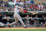 Jun 20, 2018; Minneapolis, MN, USA; Boston Red Sox left fielder Andrew Benintendi (16) breaks his bat during the first inning against the Minnesota Twins at Target Field. Mandatory Credit: Jordan Johnson-USA TODAY Sports