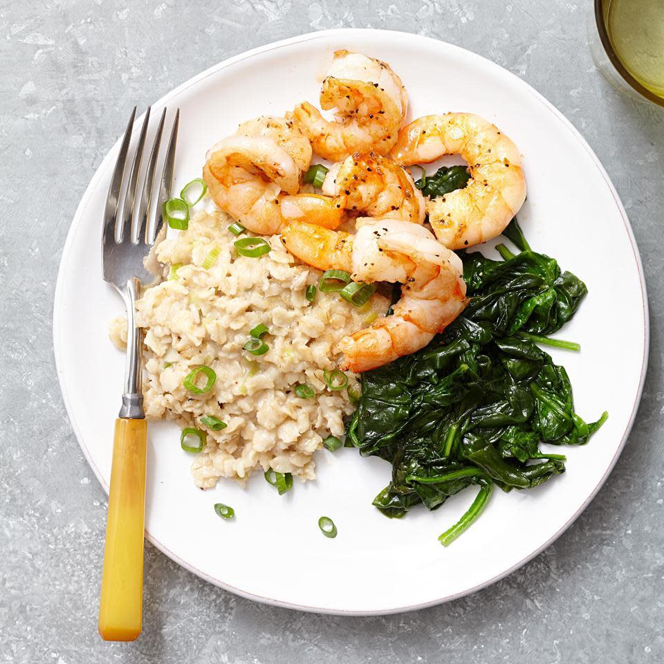 Two-Pepper Shrimp with Creamy Pecorino Oats