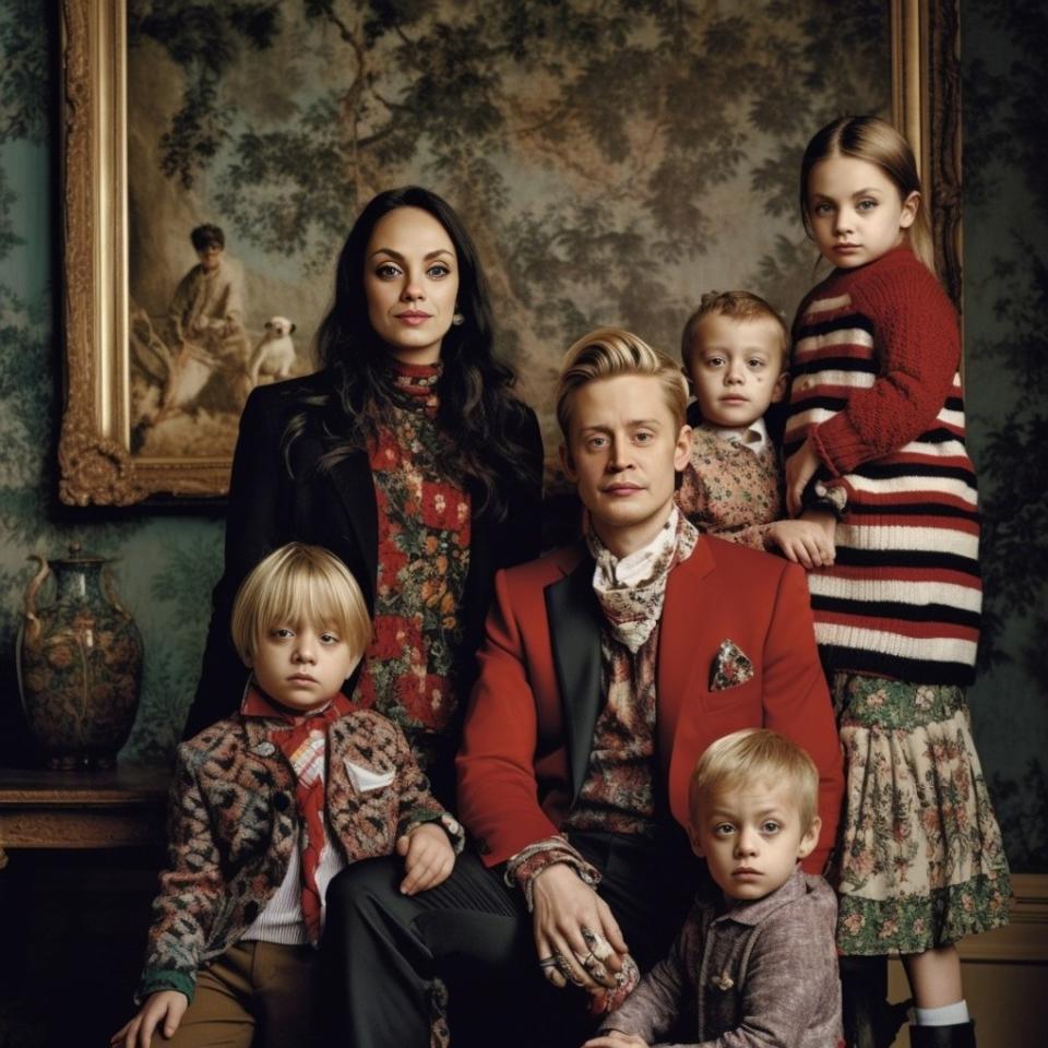 Macaulay Culkin and Mila Kunis with four AI-generated children. Instagram/mrpomeroyj_ai
