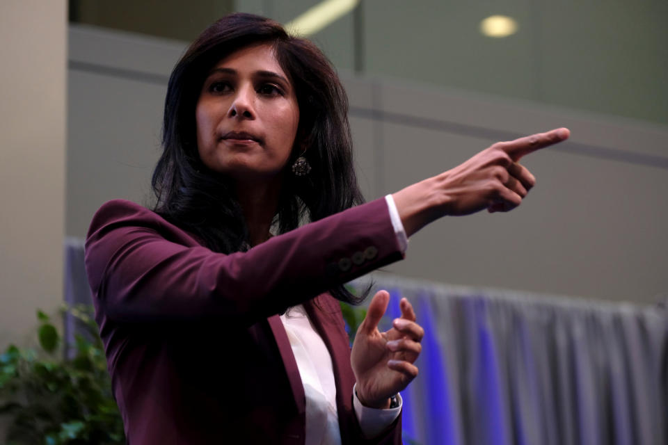 International Monetary Fund Chief Economist Gita Gopinath takes questions at the annual meetings of the IMF and World Bank in Washington, U.S., October 18, 2019. REUTERS/James Lawler Duggan