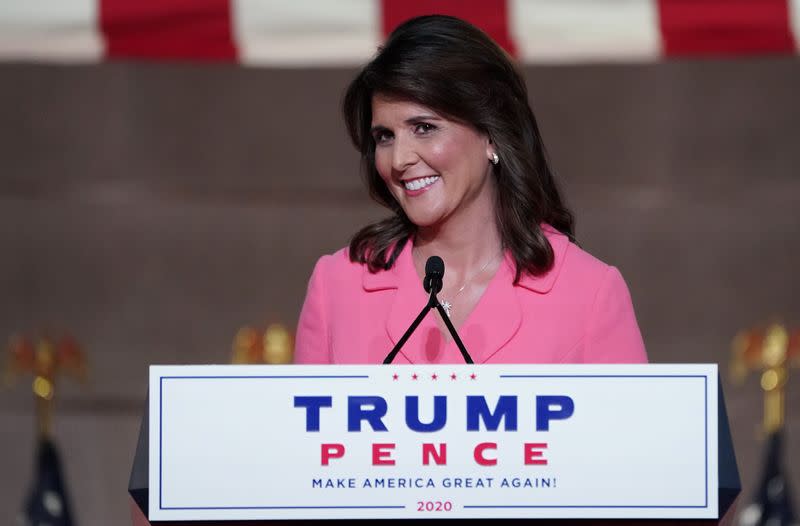 Former U.S. Ambassador to the United Nations Nikki Haley speaks to the 2020 Republican National Convention in a live address from Washington