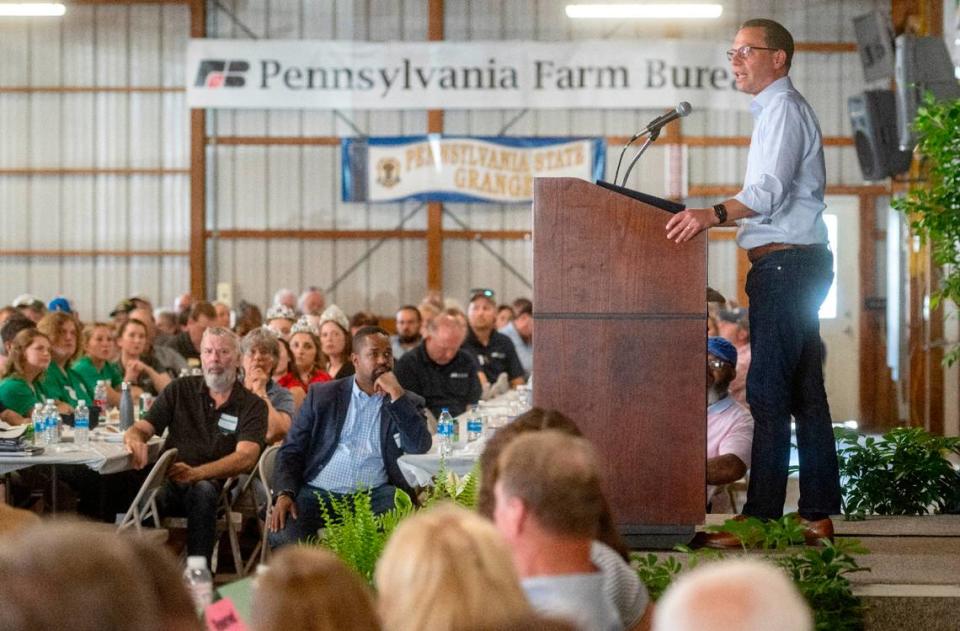 Pennsylvania Gov. Josh Shapiro speaks at the Penn State Ag Progress Days on Wednesday, Aug. 9, 2023.