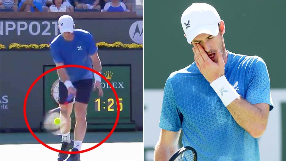 Andy Murray (pictured left) serving an underarm ace and (pictured right) Murray looking frustrated.