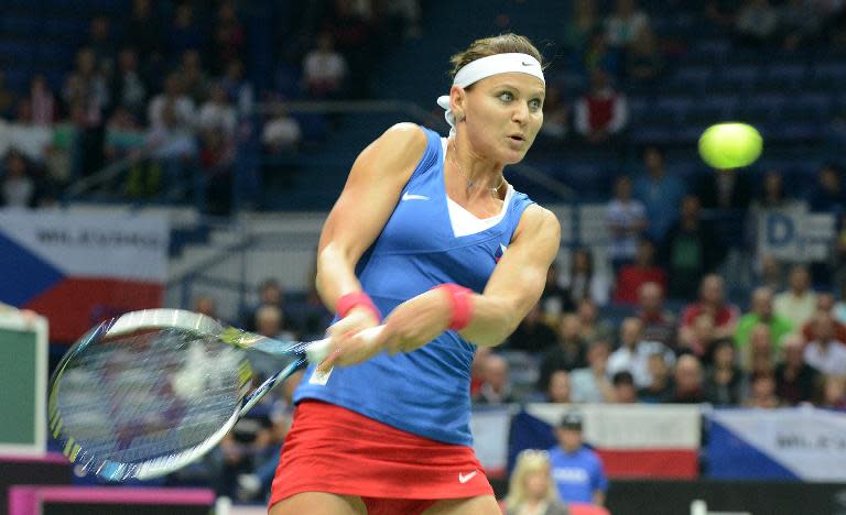 Czech Republic's Lucie Safarova returns a ball to Italy's Sara Errani during a Fed Cup World Group semi-final match on April 19, 2014 in Ostrava