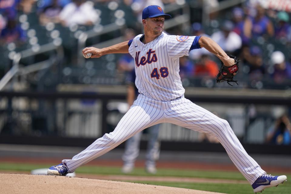 New York Mets' Jacob deGrom delivers a pitch during the first inning of the first baseball game of a doubleheader against the Milwaukee Brewers Wednesday, July 7, 2021, in New York. (AP Photo/Frank Franklin II)