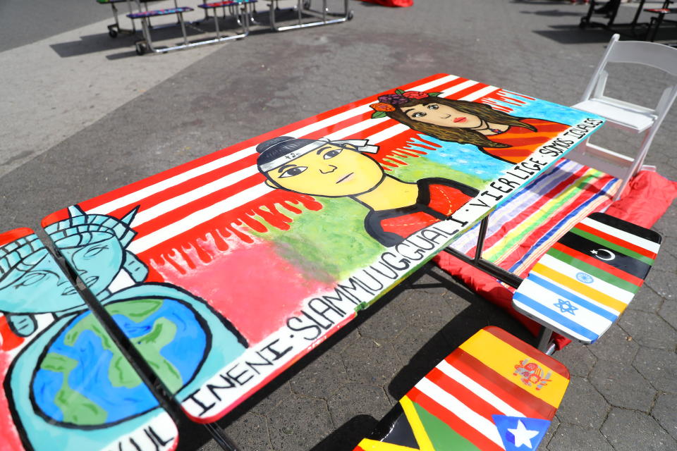 <p>Art from the “Immigration: We are all equal” table in Union Square Park, New York City, June 5, 2018. (Photo: Gordon Donovan/Yahoo News) </p>