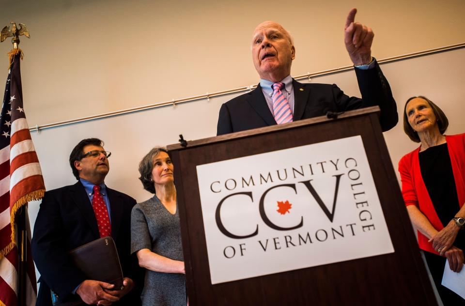 Sen. Patrick Leahy, D- VT, speaks at the Community College of Vermont in Winooski on Friday, June 9, 2017, slamming a proposed education budget that he says harms the very people that President Trump said he would protect.