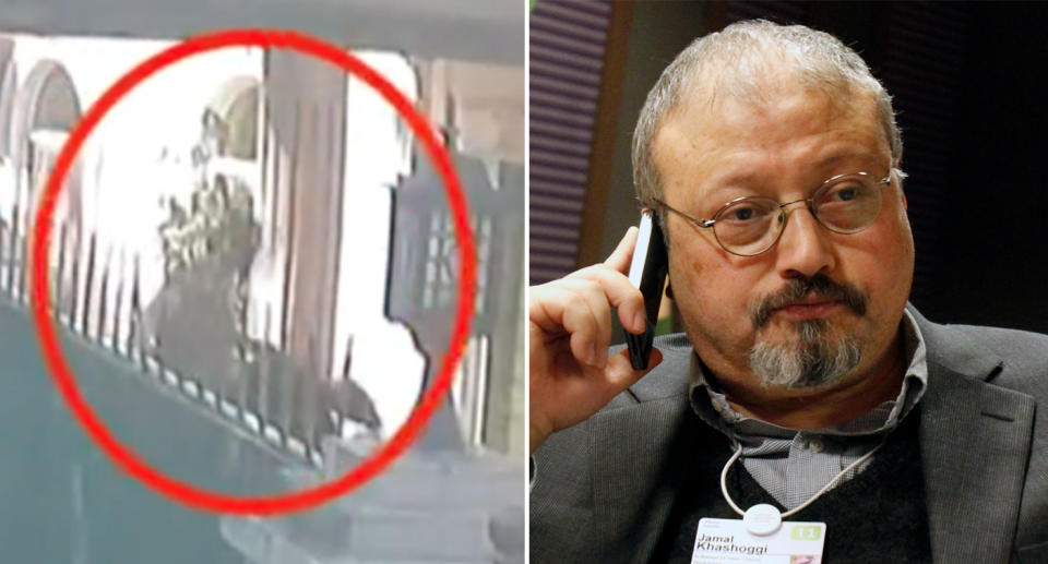 Jamal Khashoggi murder: Footage has emerged of men carrying suitcases (left) believed to contain the remains of Jamal Khashoggi (right).