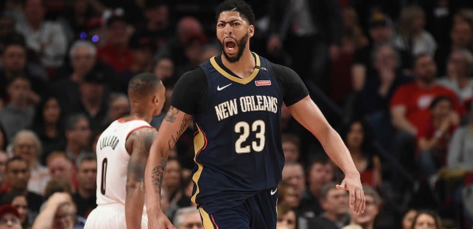 Anthony Davis of the New Orleans Pelicans reacts after making a shot