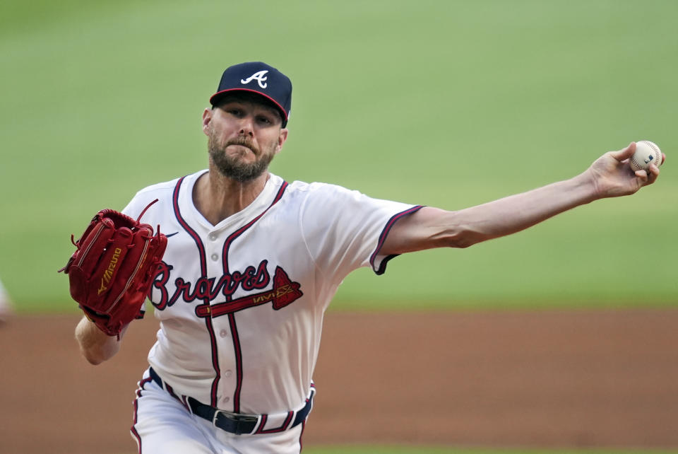 Atlanta Braves pitcher Chris Sale delivers to a against the Boston Red Sox batter in the first inning of a baseball game Wednesday, May 8, 2024, in Atlanta. (AP Photo/John Bazemore)