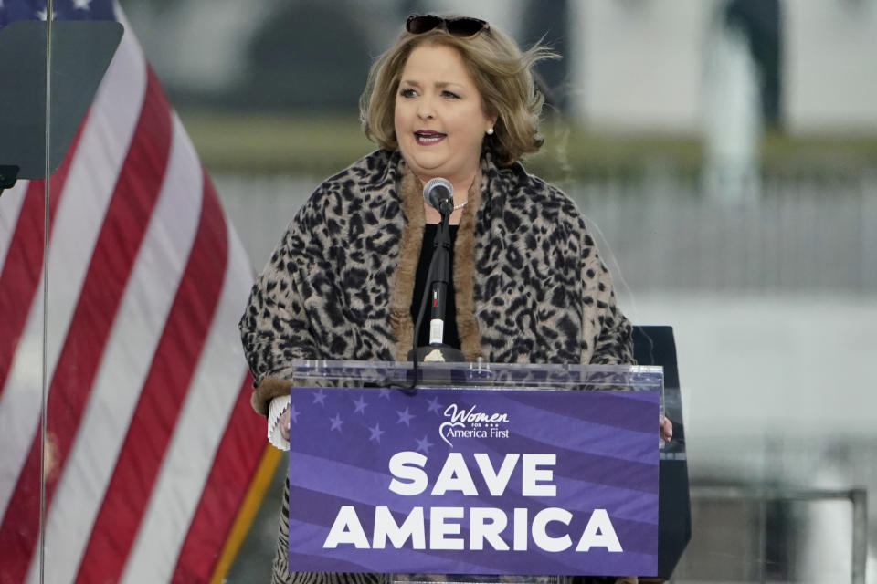 FILE - In this Jan. 6, 2021 file photo Amy Kremer, founder and chair of Women for America First, speaks in Washington, at a rally in support of President Donald Trump. At least three of the officials involved in organizing and running the Jan 6. rally that preceded the violent storming of the Capitol building are handing over documents in response to subpoenas from the House committee investigating the attack. It remains unclear whether the others, including Kremer, who were subpoenaed intend to cooperate. (AP Photo/Jacquelyn Martin, File)