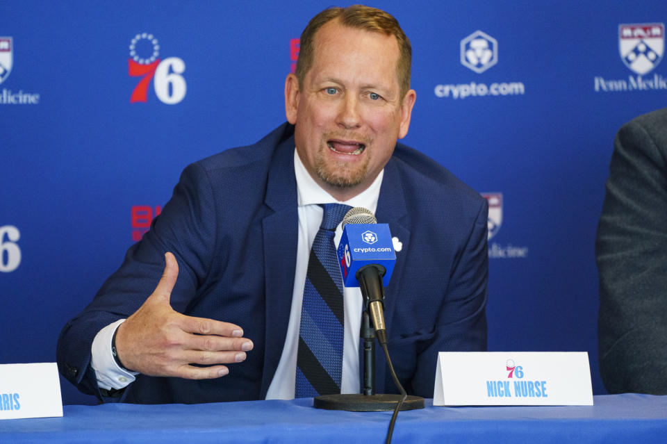 Philadelphia 76ers head coach Nick Nurse takes questions from the media during a press conference at the NBA basketball team's facility, Thursday, June 1, 2023, in Camden, N.J. (AP Photo/Chris Szagola)