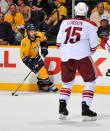 NASHVILLE, TN - MAY 02: Shea Weber #6 of the Nashville Predators carries the puck toward Boyd Gordon #15 of the Phoenix Coyotes in Game Three of the Western Conference Semifinals during the 2012 NHL Stanley Cup Playoffs at the Bridgestone Arena on May 2, 2012 in Nashville, Tennessee. (Photo by Frederick Breedon/Getty Images)