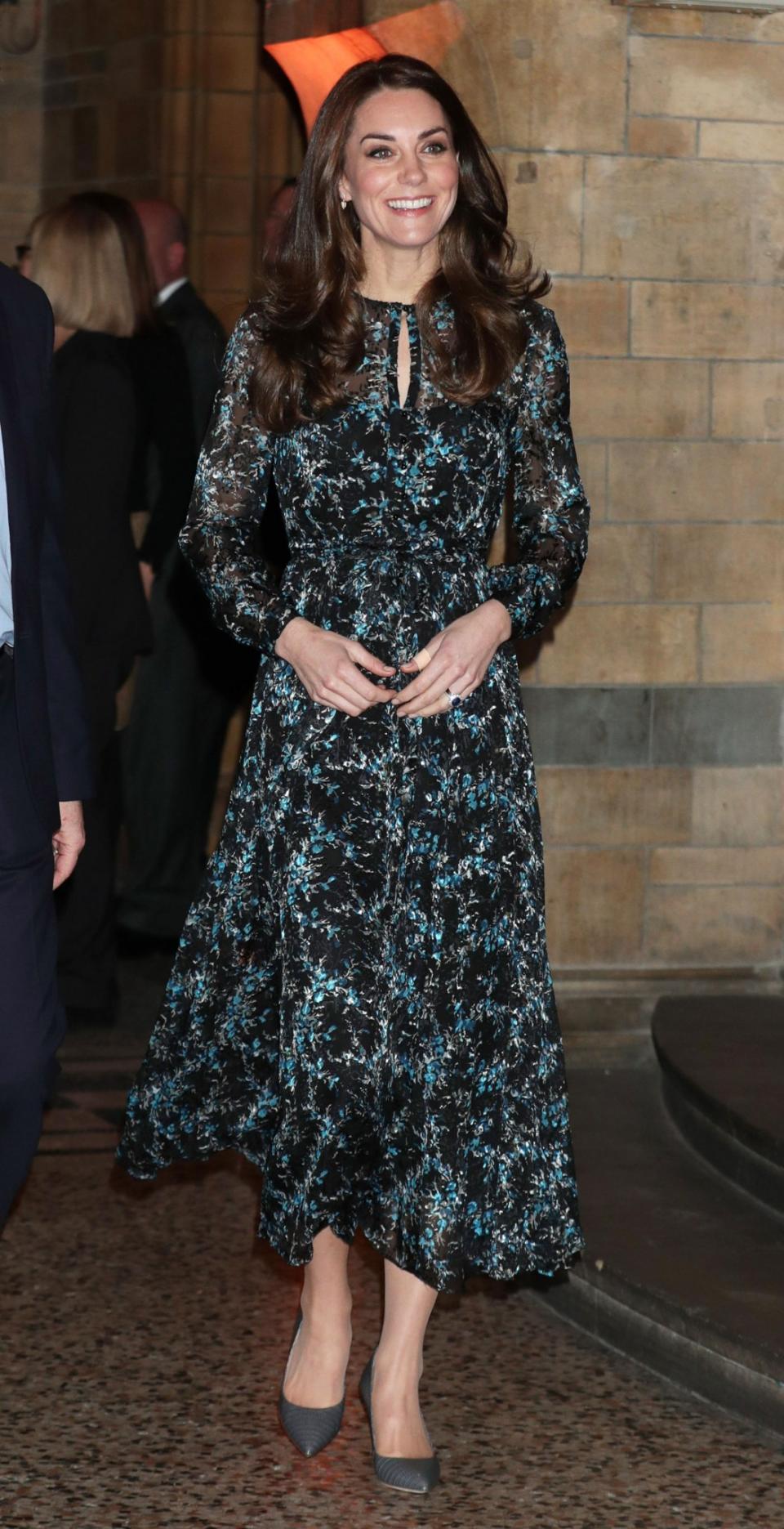 <p>A longtime supporter of the high street, the Duchess wore a semi-sheer floral dress from L.K. Bennett. Costing only £375, the dress was the perfect shade for a winter trip to the National History Museum. <i>[Photo: PA]</i> </p>