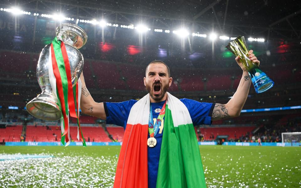 Leonardo Bonucci of Italy celebrates with The Henri Delaunay Trophy - Getty Images