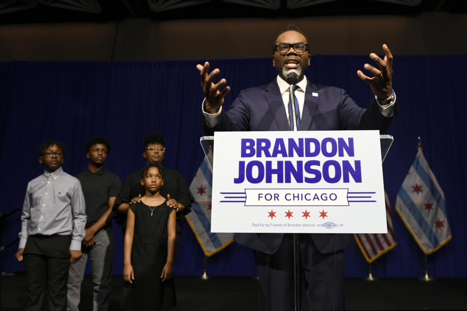 Chicago Mayor-elect Brandon Johnson speaks to supporters after defeating Paul Vallas in the mayoral runoff election, late Tuesday, April 4, 2023, in Chicago. (AP Photo/Paul Beaty)