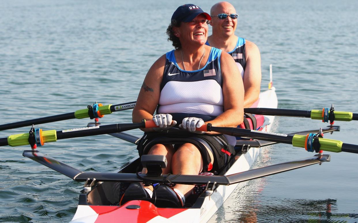 Angela Madsen with Scott Brown after winning the double sculls B final at the 2008 Paralympic Games in Beijing   - Feng Li/Getty Images