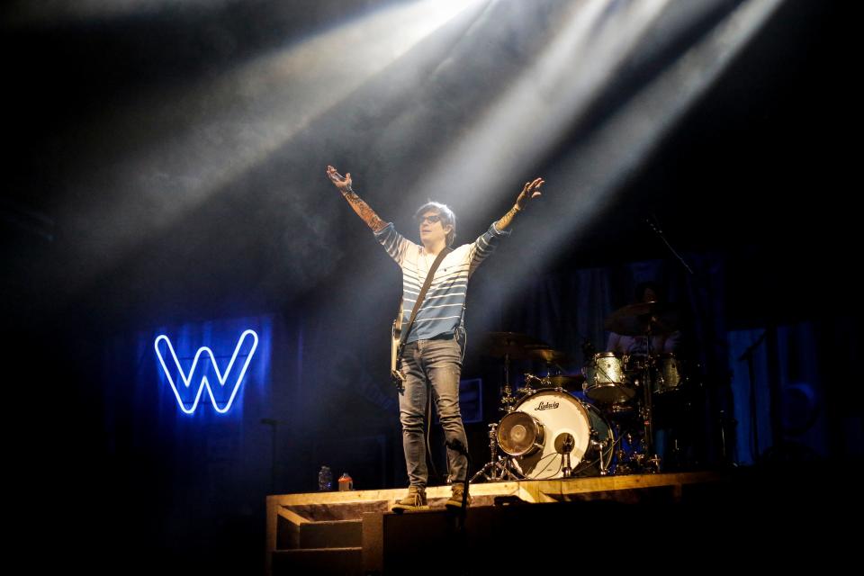 Rivers Cuomo, lead vocals and guitarist in Weezer, performs during the first show of the Weezer x Pixies 2019 tour at the KFC Yum! Center in downtown Louisville, Ky. on Friday, March 8, 2019. 