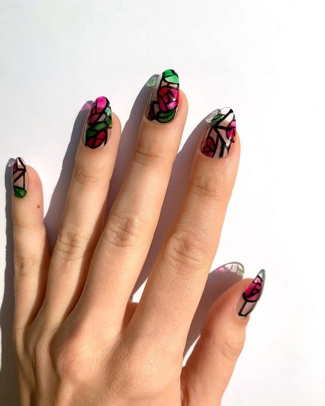 <p>A stained glass manicure, like this one from Jessica Washick, gives the notion of flowers and roses in a format that will get you more likes and comments than you thought possible. </p><p><a href="https://www.instagram.com/p/B5GPe5ZHarE/" rel="nofollow noopener" target="_blank" data-ylk="slk:See the original post on Instagram;elm:context_link;itc:0;sec:content-canvas" class="link ">See the original post on Instagram</a></p>