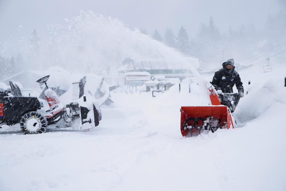 This photo provided by Big Bear Mountain Resort shows a fresh snow fall at Big Bear Mountain Resort in Big Bear Lake, Calif., Friday, Nov. 29, 2019. California is drenched or blanketed in snow after a powerful Thanksgiving storm. Rain and snow showers are continuing in parts of the state Friday, while skies are clearing elsewhere. (Lee Stockwell/Big Bear Mountain Resort via AP)