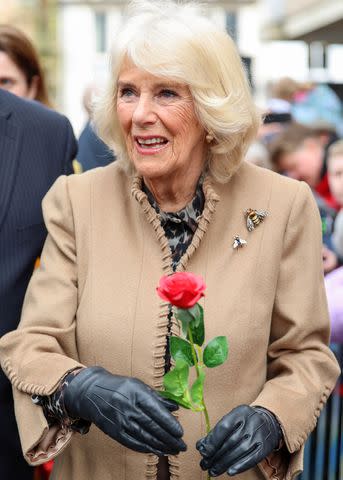 <p>Chris Jackson - Pool/Getty</p> Queen Camilla smiles at the Farmers' Market on March 27, 2024 in Shrewsbury, England.