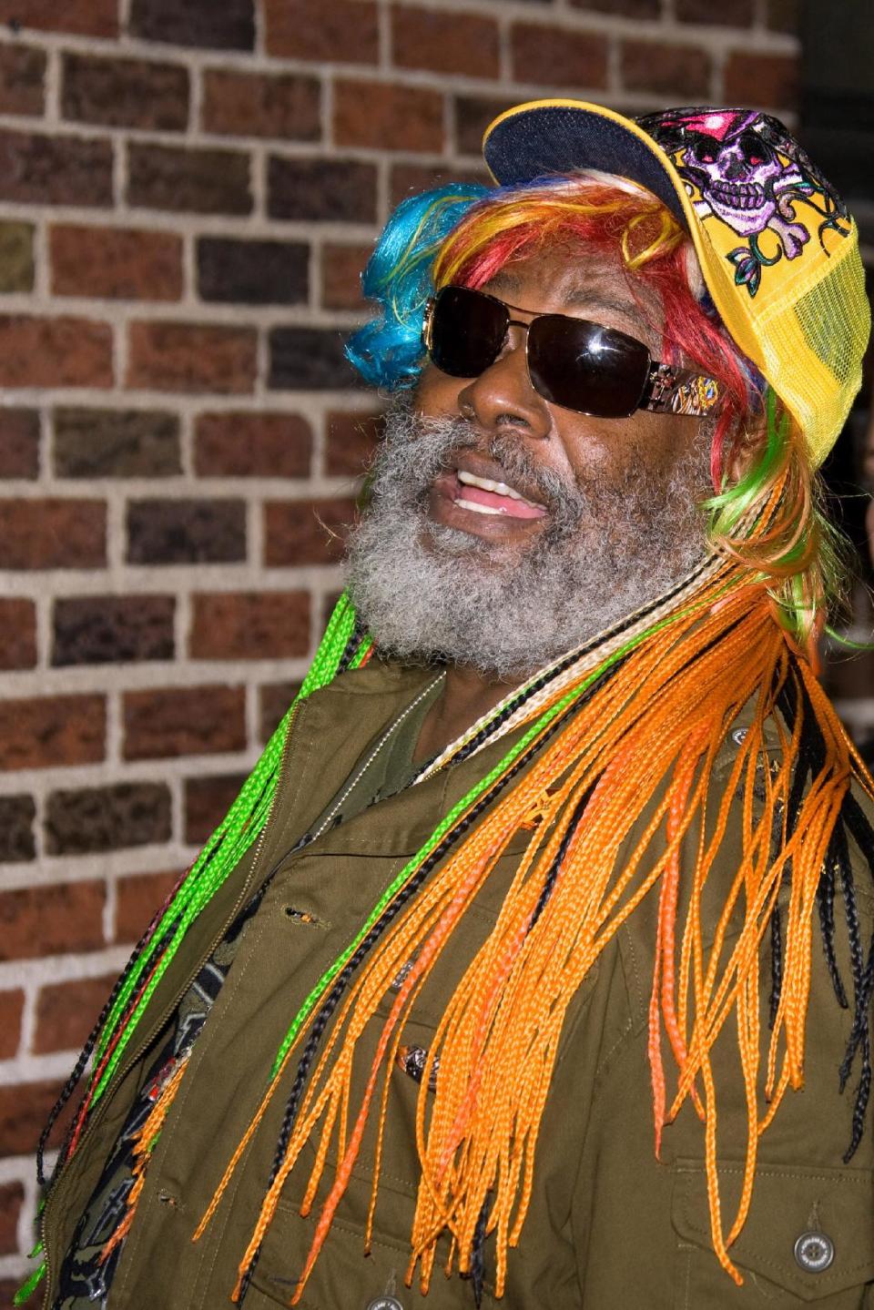 FILE - In this Monday, Oct. 27, 2008 file photo, musician George Clinton arrives for a taping of the "Late Show with David Letterman," in New York. Clinton and the Black Eyed Peas have settled a federal lawsuit in which the funk pioneer claimed the pop group used his music without proper permission. The settlement announcement on May 14, 2012, came a few weeks before the two sides were to go to trial, but after a judge limited the amount of damages Clinton would have been eligible to receive. (AP Photo/Charles Sykes, File)