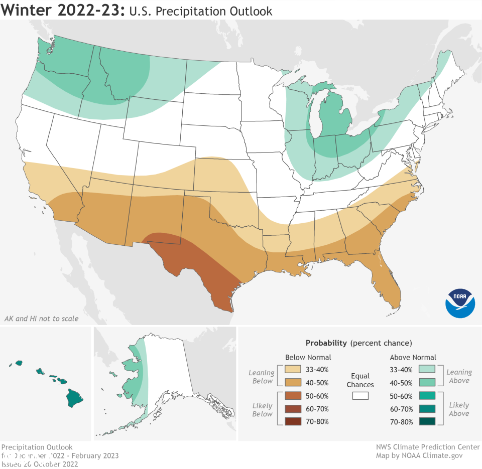 The 2022-2023 U.S. winter outlook map for precipitation shows wetter-than-average conditions are most likely in western Alaska, the Pacific Northwest, northern Rockies, Great Lakes and Ohio Valley. Drier-than-average conditions are forecast in portions of California, the Southwest, the southern Rockies, southern Plains, Gulf Coast and much of the Southeast.