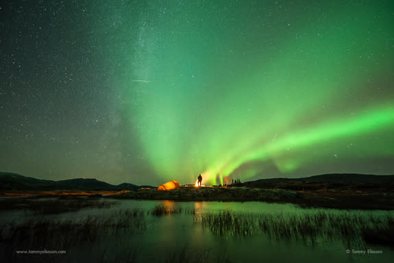 Tommy Eliassen captured this Orionid meteor flying through an aurora over a campsite on Oct. 18, 2014, in Hemnes, Nordland, Norway.