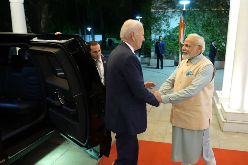 U.S. President Joe Biden meets with India's Prime Minister Narendra Modi ahead of the G20 summit on Friday in New Delhi. Photo by India's PM Press Office