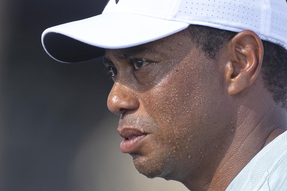 Tiger Woods of the United States looks on during a hot afternoon in the first round of the BMW Championship golf tournament at Aronimink Golf Club, Thursday, Sept. 6, 2018, in Newtown Square, Pa. (Jose F. Moreno/The Philadelphia Inquirer via AP)