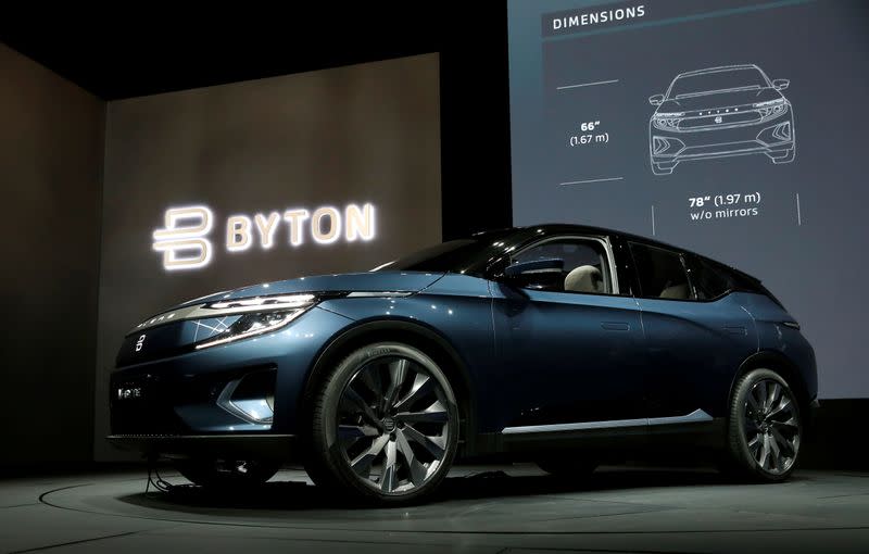 FILE PHOTO: The Byton M-Byte all-electric SUV, expected to enter mass production this year, is displayed at a news conference during the 2020 CES in Las Vegas