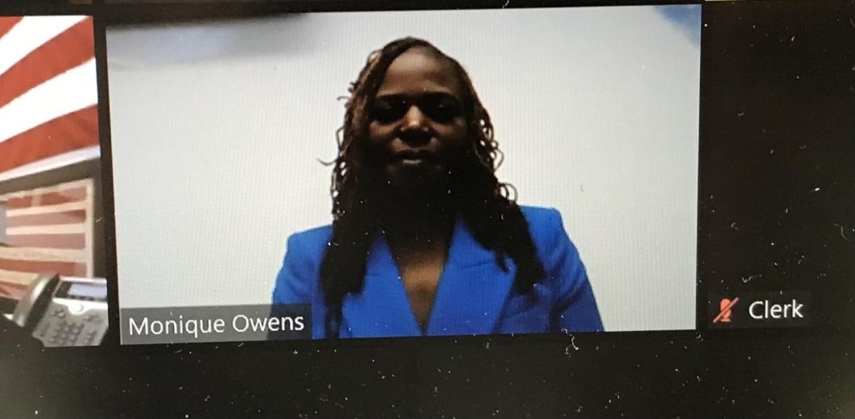 A screengrab from a Zoom court hearing for Eastpointe Mayor Monique Owens, who was arraigned March 9, 2023 on a felony false pretenses charge in 41B District Court in Clinton Township.