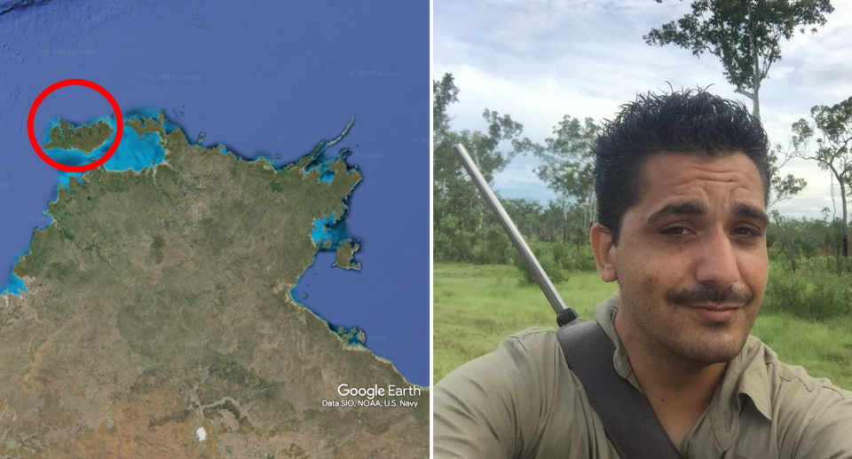 Craig Winston (right) rescued a goanna with its head inside a beer can on Melville Island (shown on a map left). Source: Supplied/Google Maps/US Navy/NOAA/SIO