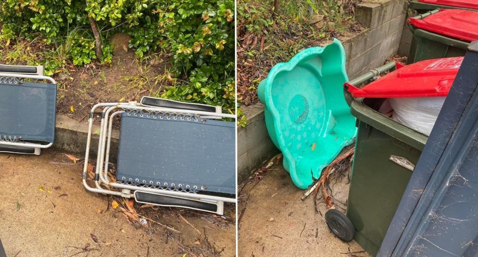 Photos of folding chairs and kiddie pool dumped behind bins.