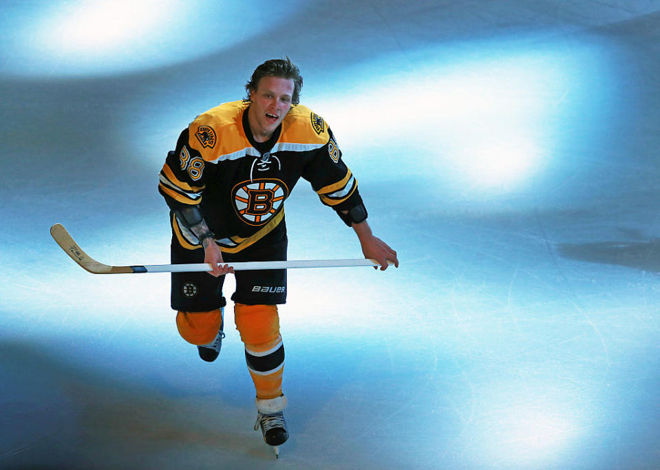 Boston, MA- 12-05-16: After he was named the number one star of the game, The Bruins David Pastrnak skates acrosss the ice with a souvenir stick to give to a fan. The Boston Bruins hosted the Florida Panthers in a regular season NHL hockey game at Gillette Stadium. (Jim Davis/Globe Staff) reporter: dupont topic: Bruins-Panthers