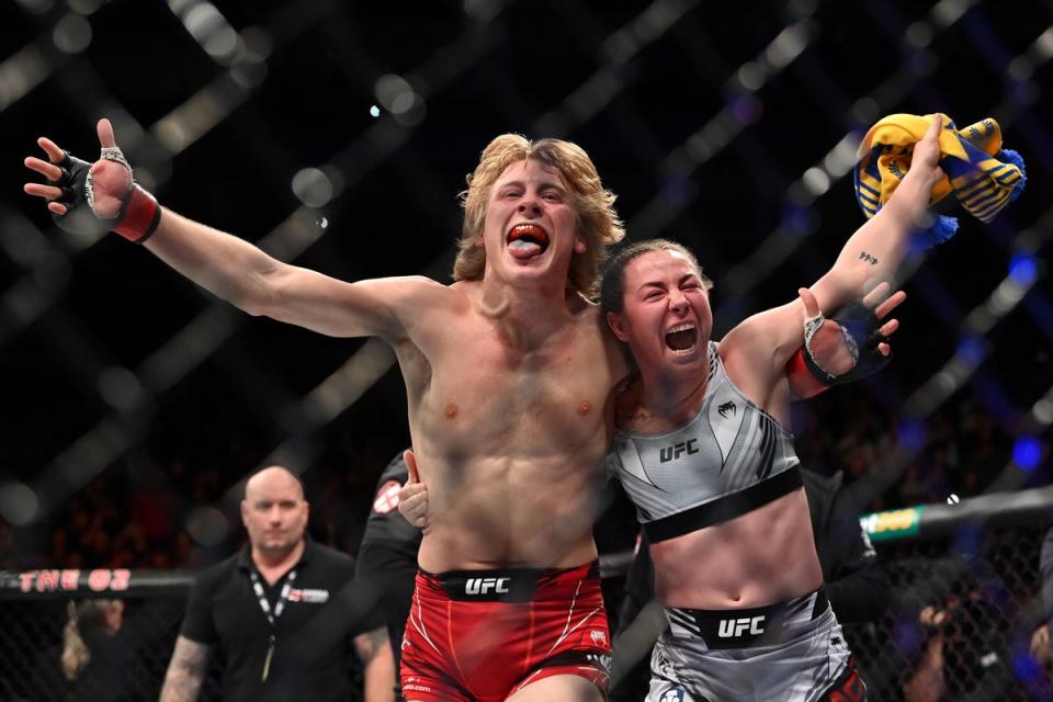 Pimblett and Molly McCann celebrate at UFC London in March, both having won via stoppage (Getty Images)